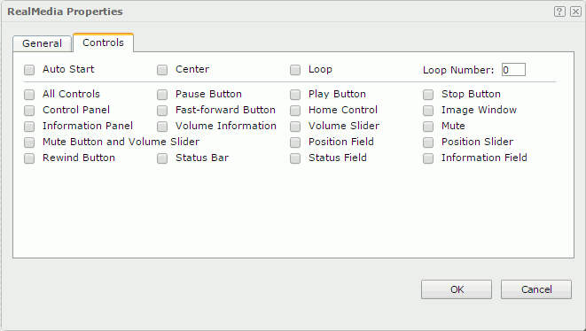 RealMedia Properties dialog - Controls tab