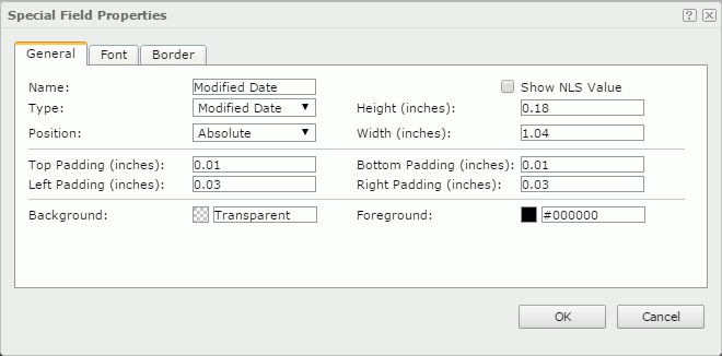 Special Field Properties dialog - General tab