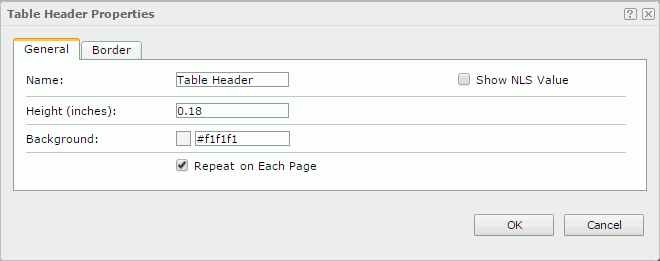 Table Header Properties dialog - General tab