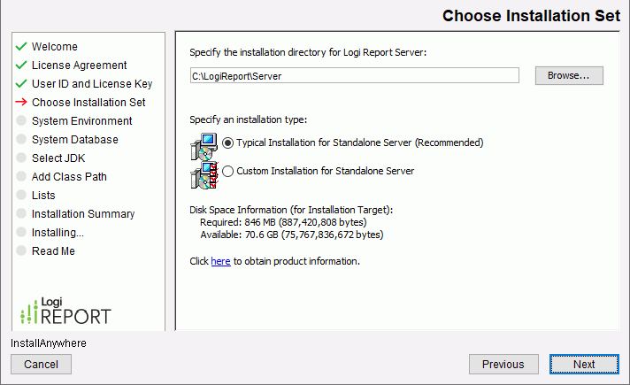 Logi Report Server Installation wizard - Choose Installation Set screen