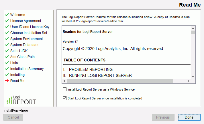 Logi Report Server Installation wizard - Read Me screen