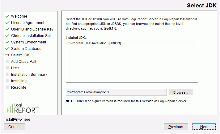 Logi Report Server Installation wizard - Select JDK screen
