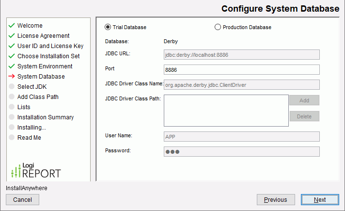 Logi Report Server Installation wizard - System Database screen