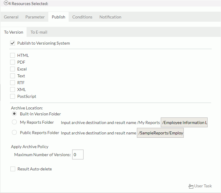 Schedule dialog - Publish tab for multiple reports