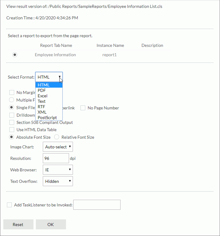 Result Export Settings